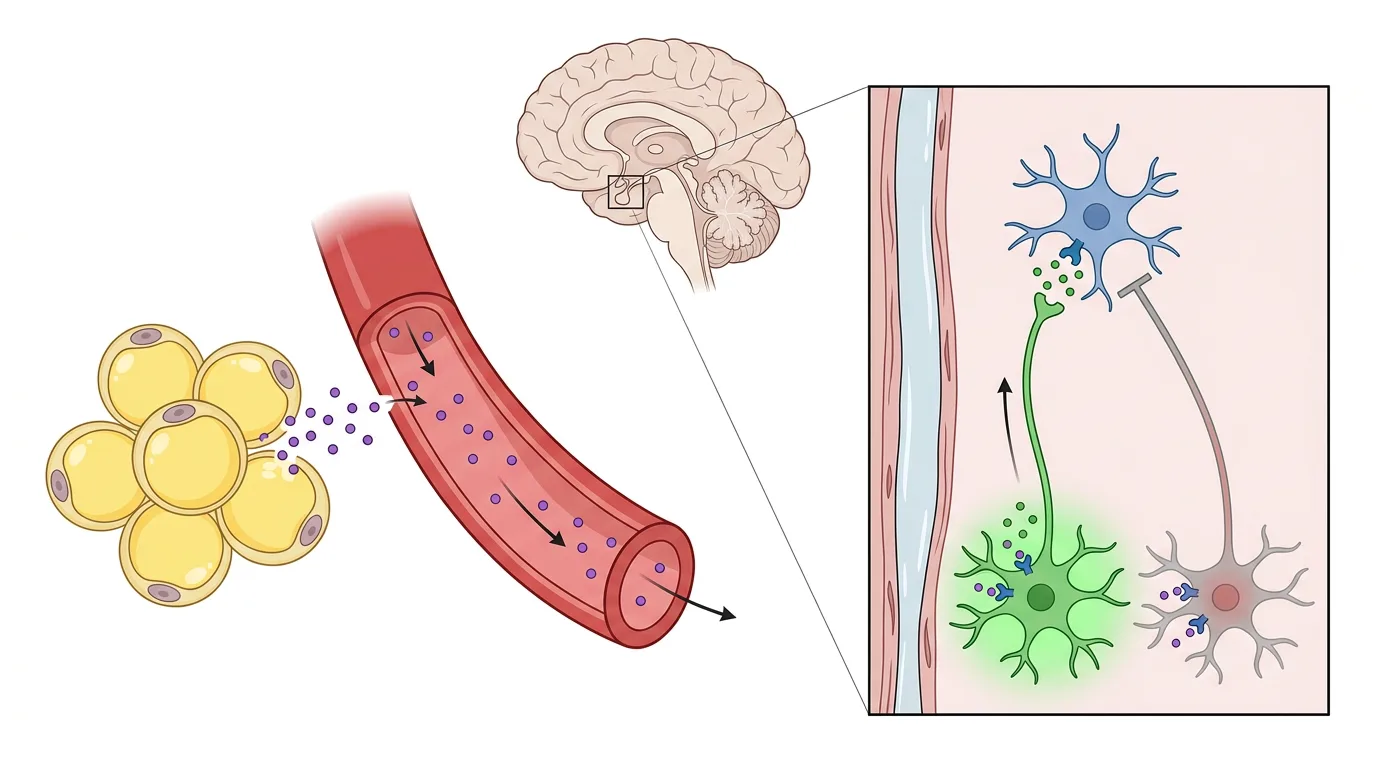 Schematische Darstellung, wie Fettzellen Leptin ins Blut freisetzen. Das Leptin erreicht den Hypothalamus, aktiviert ein POMC-Neuron und hemmt ein AgRP-Neuron, die beide zu einem Neuron mit MC4R projizieren.