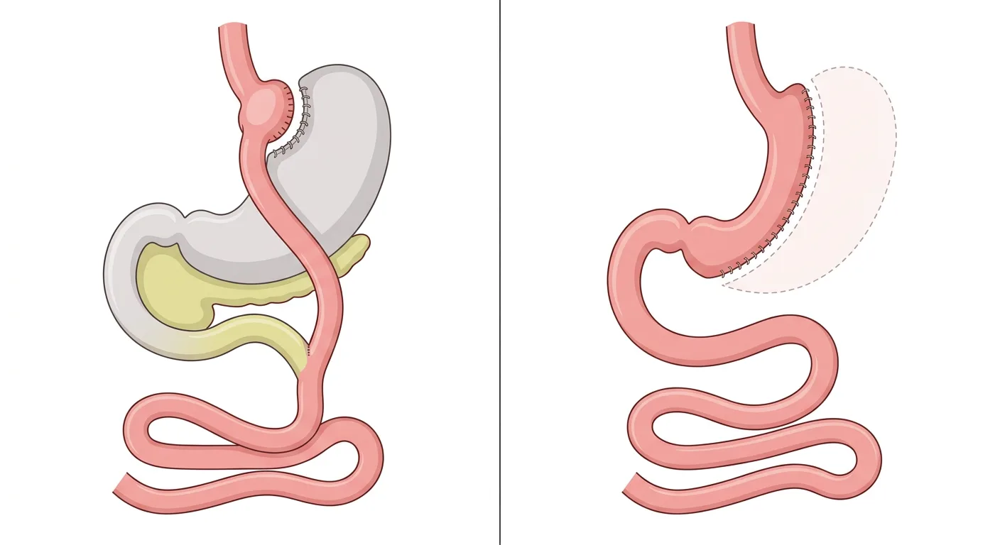 Zwei Bildtafeln des Magen-Darm-Trakts: links die Anatomie nach Roux-en-Y-Magenbypass, rechts nach Sleeve-Gastrektomie.