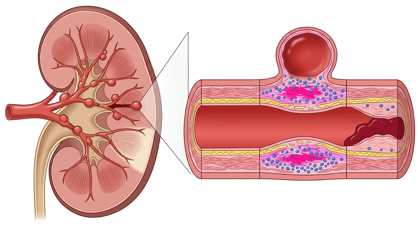 Niere im Schnitt mit perlschnurartigen Mikroaneurysmen an den Arterienästen, einem verschlossenen Ast und einem keilförmigen Infarkt sowie ein vergrößerter Längsschnitt einer mittelgroßen Arterie mit normalem Segment, entzündetem Segment mit Aneurysma und Segment mit Thrombose.