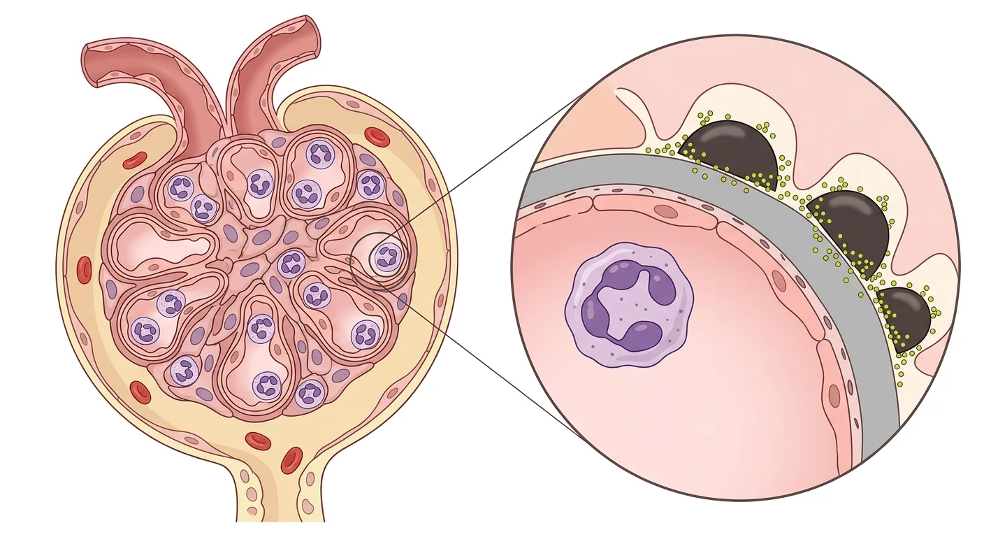Glomerulus bei Poststreptokokken-Glomerulonephritis mit hyperzellulärem Kapillarknäuel und neutrophilen Granulozyten sowie vergrößerte Kapillarwand mit subepithelialen Immunkomplexablagerungen.