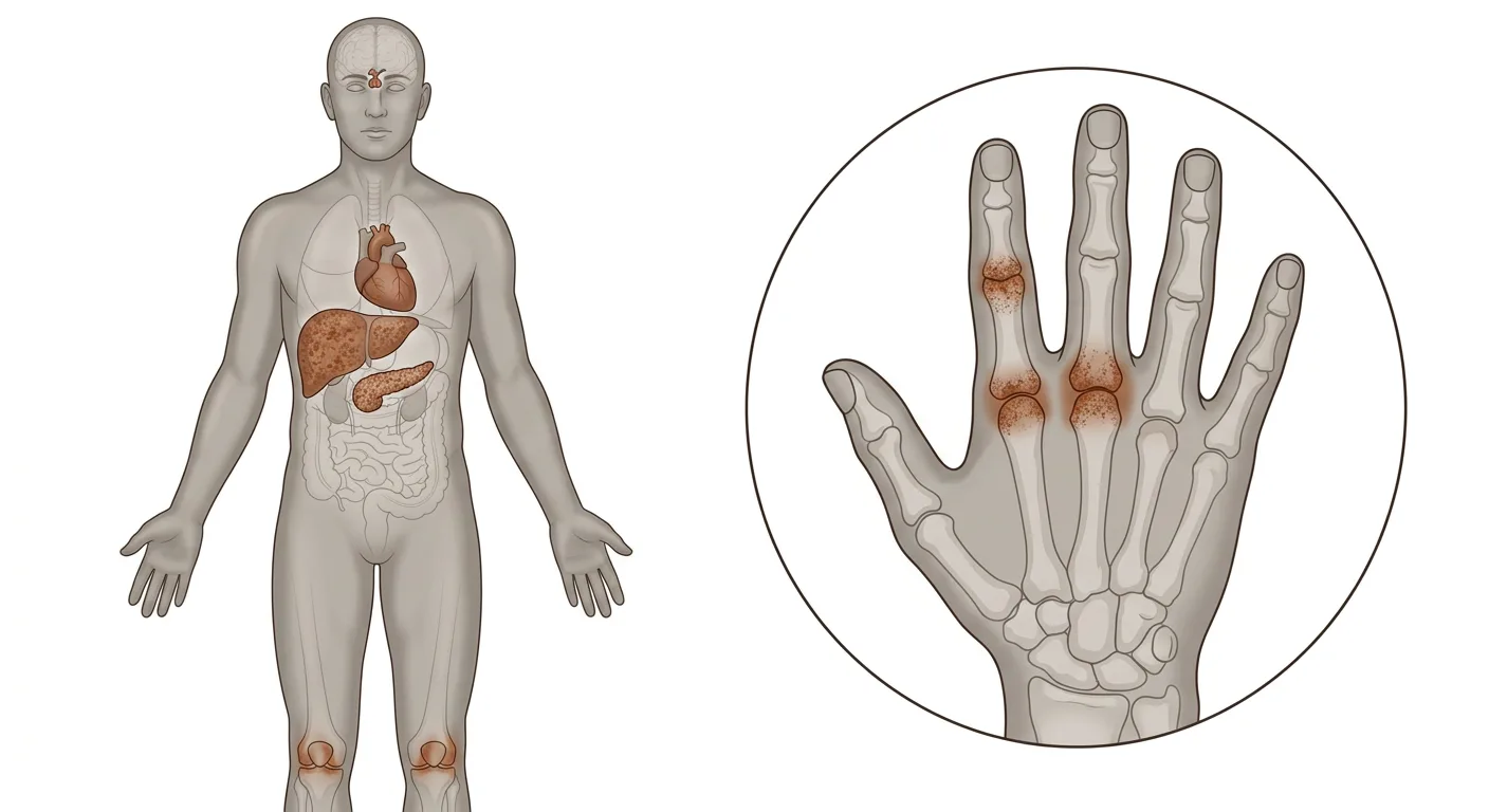 Durchsichtiger menschlicher Körper von vorn, bei dem Leber, Pankreas, Herz, Hypophyse und Kniegelenke durch Eisenablagerung rostbraun sind, sowie eine vergrößerte Hand, an der die Metakarpophalangealgelenke II und III markiert sind.
