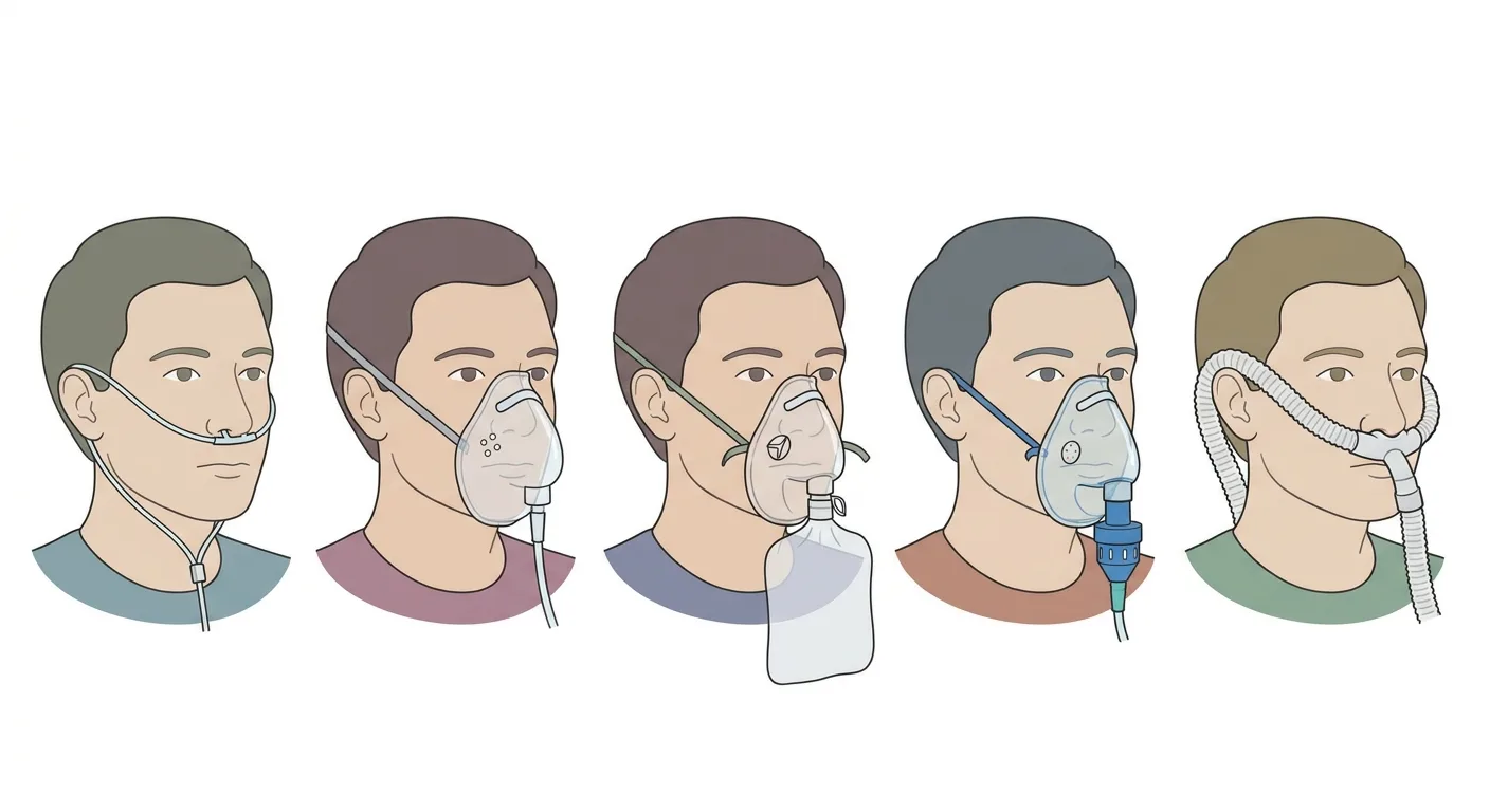 Fünf Porträts desselben Patienten mit unterschiedlichen Sauerstoffsystemen: Nasenbrille, einfache Gesichtsmaske, Maske mit Reservoirbeutel, Venturi-Maske mit farbcodiertem Ventil und High-Flow-Nasenbrille mit weiten Prongs und dickem Schlauch.