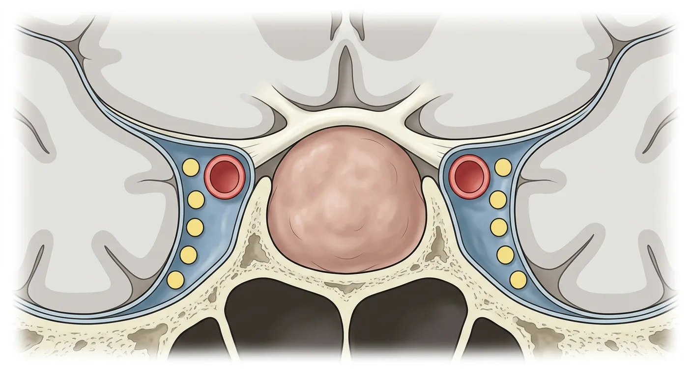 Koronaler Schnitt durch die Sella turcica mit einem Makroprolaktinom, das suprasellär wächst und das Chiasma opticum nach oben drückt, mit Sinus cavernosus beidseits.