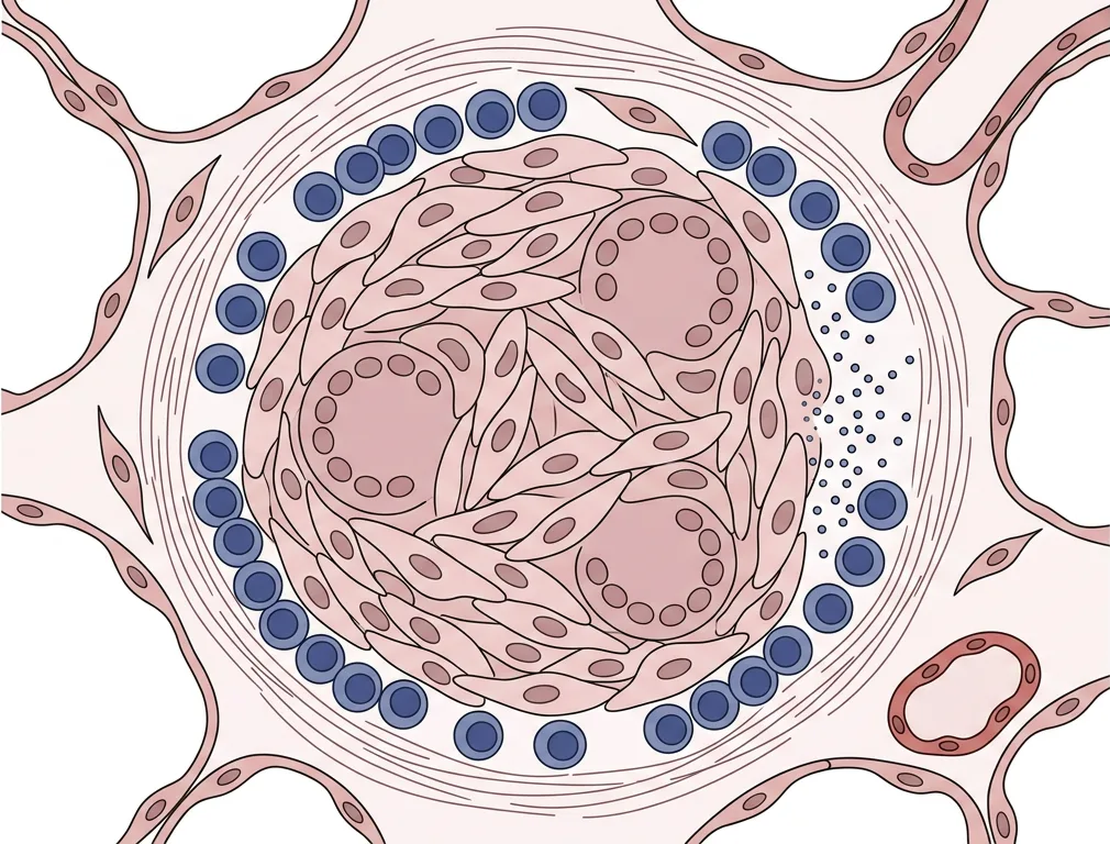 Schematische Querschnittsdarstellung eines Sarkoidgranuloms im Lungeninterstitium, umgeben von Alveolen: dichter Kern aus epitheloiden Makrophagen mit mehrkernigen Riesenzellen, ein Kranz aus Lymphozyten und dünne Bindegewebslamellen.