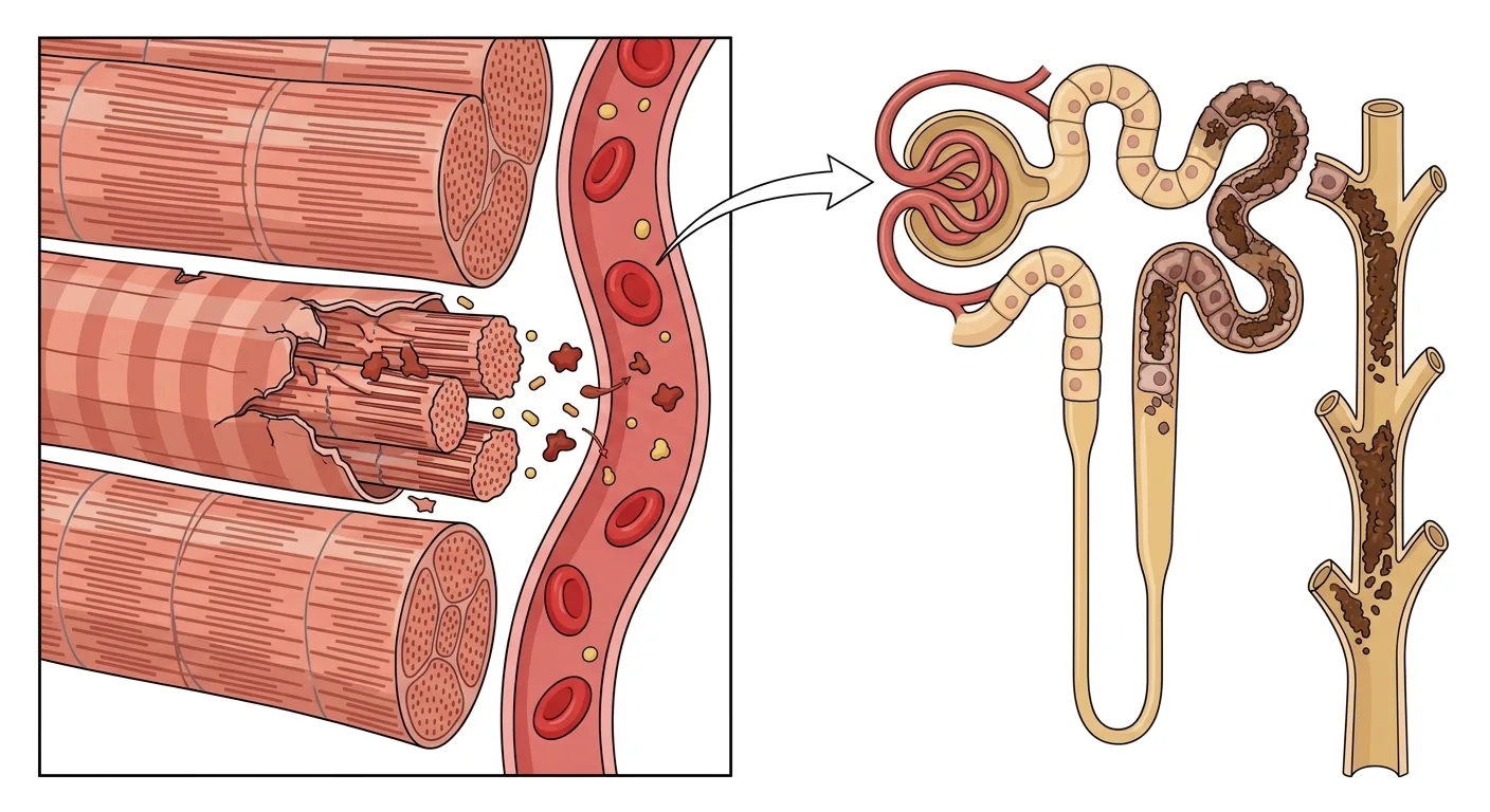 Zerfallene quergestreifte Muskelfaser, die Myoglobin in eine Kapillare freisetzt, sowie ein Nephron mit braunen Pigmentzylindern in den distalen Tubuli und Sammelrohren.