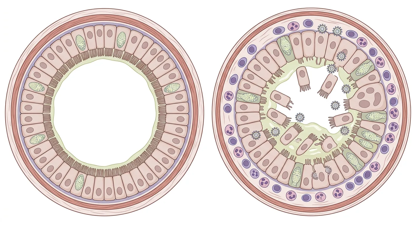 Querschnitt einer gesunden Bronchiole neben einer RSV-infizierten Bronchiole mit verlorenen Zilien, abgeschilferten Epithelzellen, Schleim, Entzündungszellen und eingeengtem Lumen.