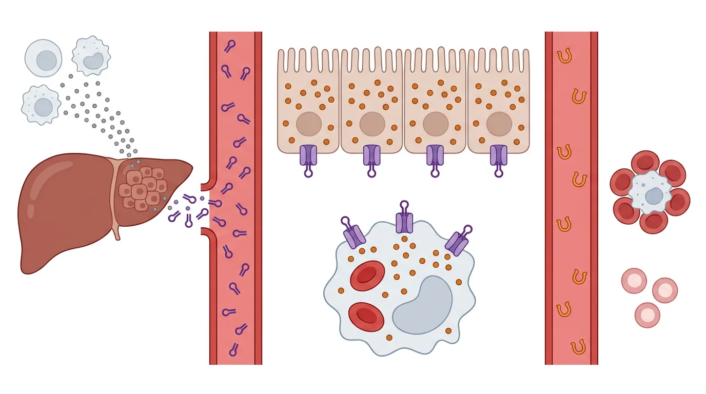 Schematische Darstellung der Entzündungsanämie: Immunzellen stimulieren die Leber zur Freisetzung von Hepcidin, das die Eisenexportkanäle in Darmzellen und Makrophagen verschließt. Das Transferrin im Blut ist nahezu leer, und das Knochenmark bildet wenige, blasse Erythrozyten.
