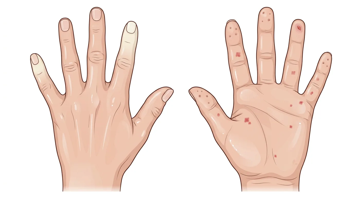 Illustration einer Hand bei systemischer Sklerose, von dorsal und palmar gesehen, mit Fingerkuppennarben, einem digitalen Ulkus, Teleangiektasien und weiß abgeblassten Fingern.