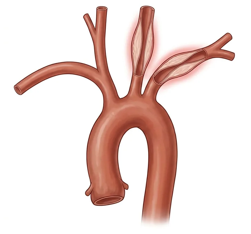 Aortenbogen mit Truncus brachiocephalicus, linker Arteria carotis communis und linker Arteria subclavia, wobei die beiden linken Äste eine verdickte, entzündete Wand und ein eingeengtes Lumen aufweisen.