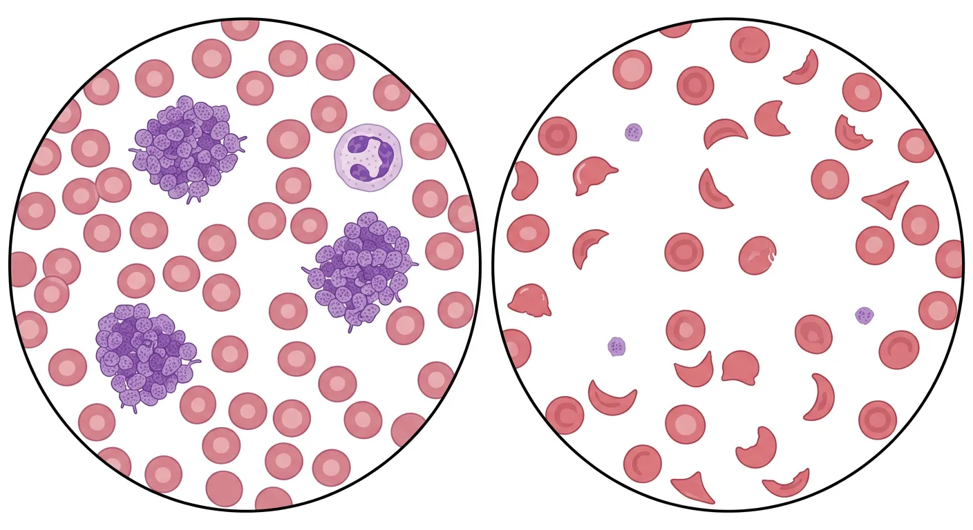 Zwei mikroskopische Gesichtsfelder von Blutausstrichen. Links normale Erythrozyten, ein Neutrophiler und drei große Thrombozytenklumpen. Rechts fragmentierte Erythrozyten und vereinzelte freie Thrombozyten.