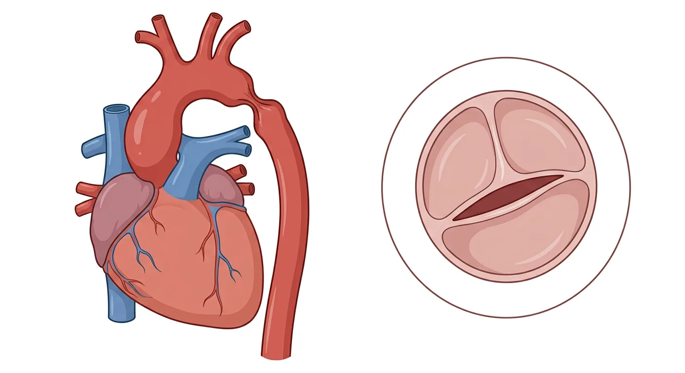 Herz und thorakale Aorta von vorn mit erweiterter Aorta ascendens und einer Einschnürung der Aorta descendens kurz nach der linken Arteria subclavia. Daneben eine bikuspide Aortenklappe von oben.