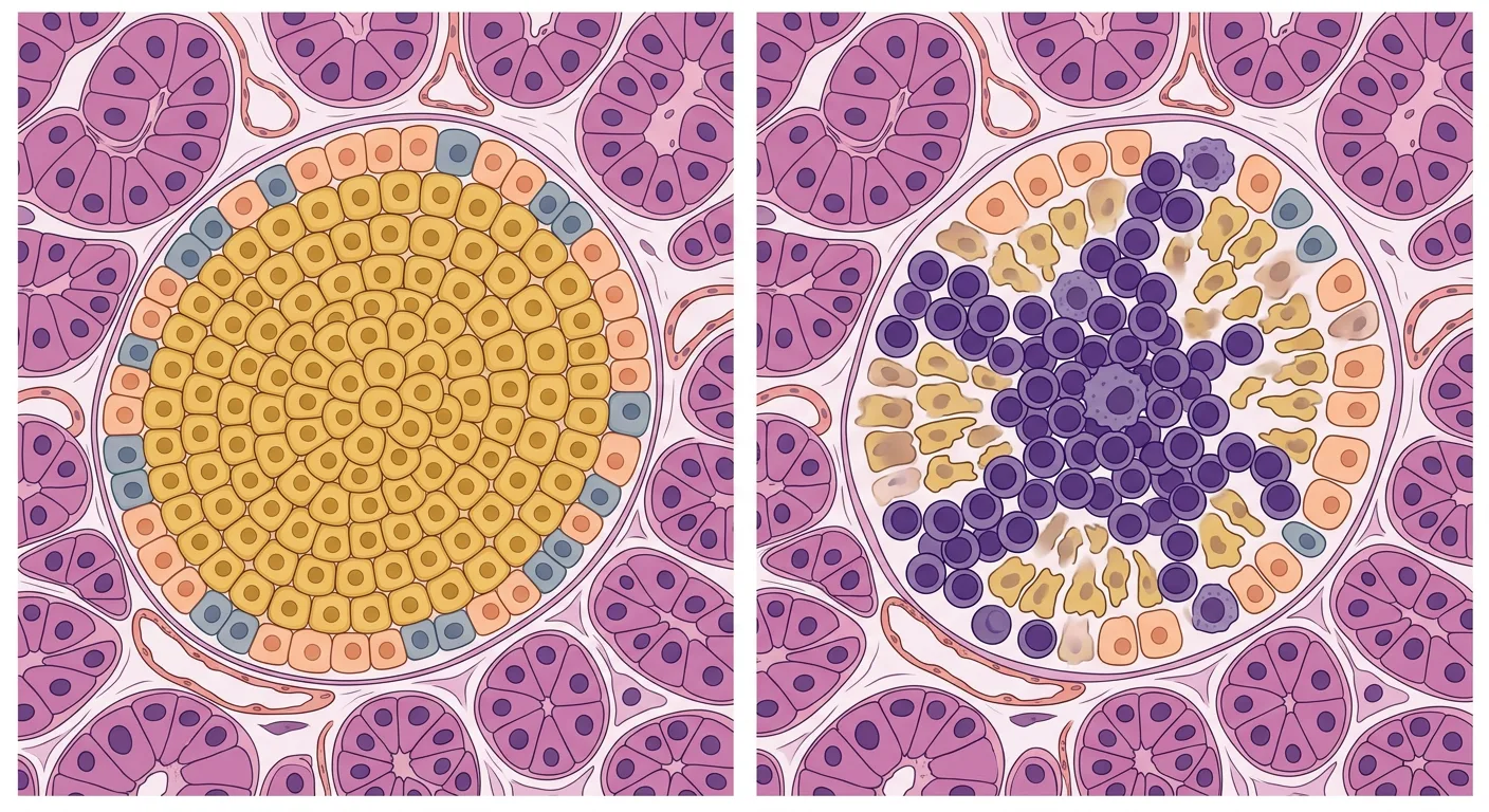 Zwei Langerhans-Inseln in exokrinem Pankreasgewebe. Links eine gesunde Insel mit dicht gepackten Betazellen und rechts eine von Lymphozyten infiltrierte Insel mit geschädigten Betazellen.