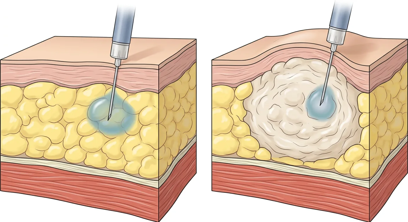 Zwei Querschnitte der Bauchwand mit Haut, subkutanem Fettgewebe und Muskel. Links liegt das Insulindepot in normalem subkutanem Fettgewebe und rechts in einem lipohypertrophen Knoten.