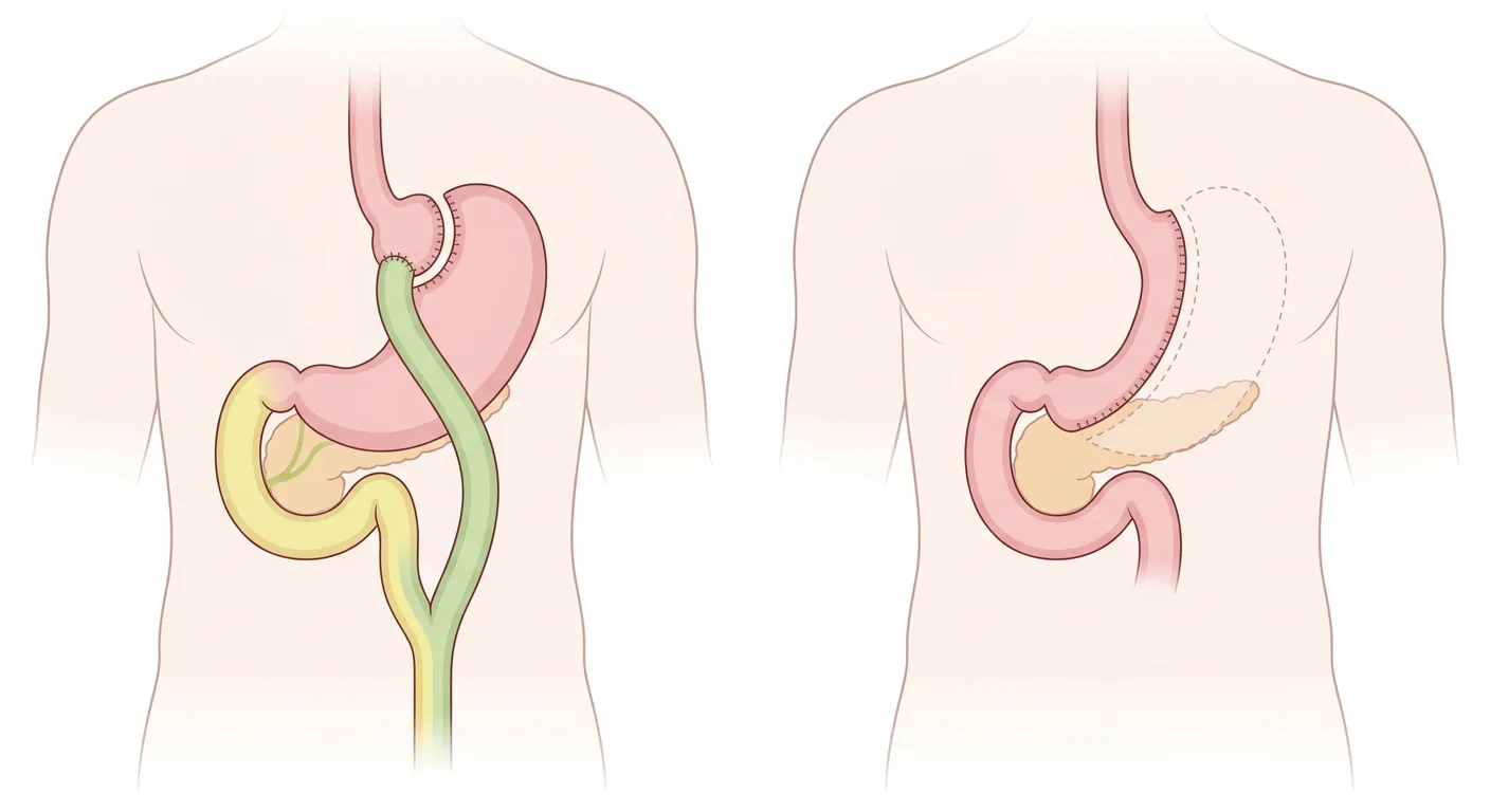 Schematische Anatomie nach Roux-en-Y-Magenbypass links und Sleeve-Gastrektomie rechts, Ansicht von vorn.