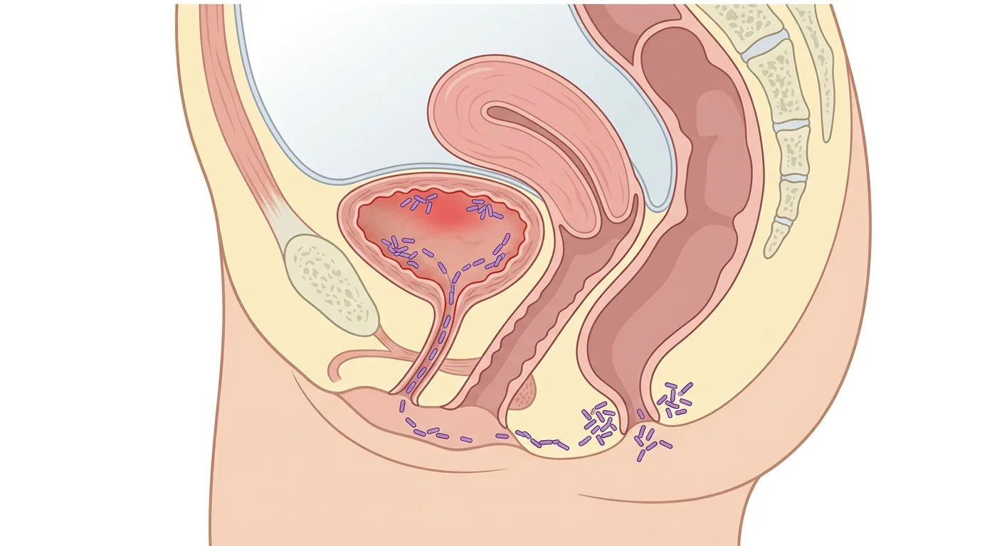 Sagittalschnitt eines weiblichen Beckens mit Darmbakterien, die vom Anus über das Perineum zur Harnröhrenmündung und hinauf in eine entzündete Harnblase wandern.