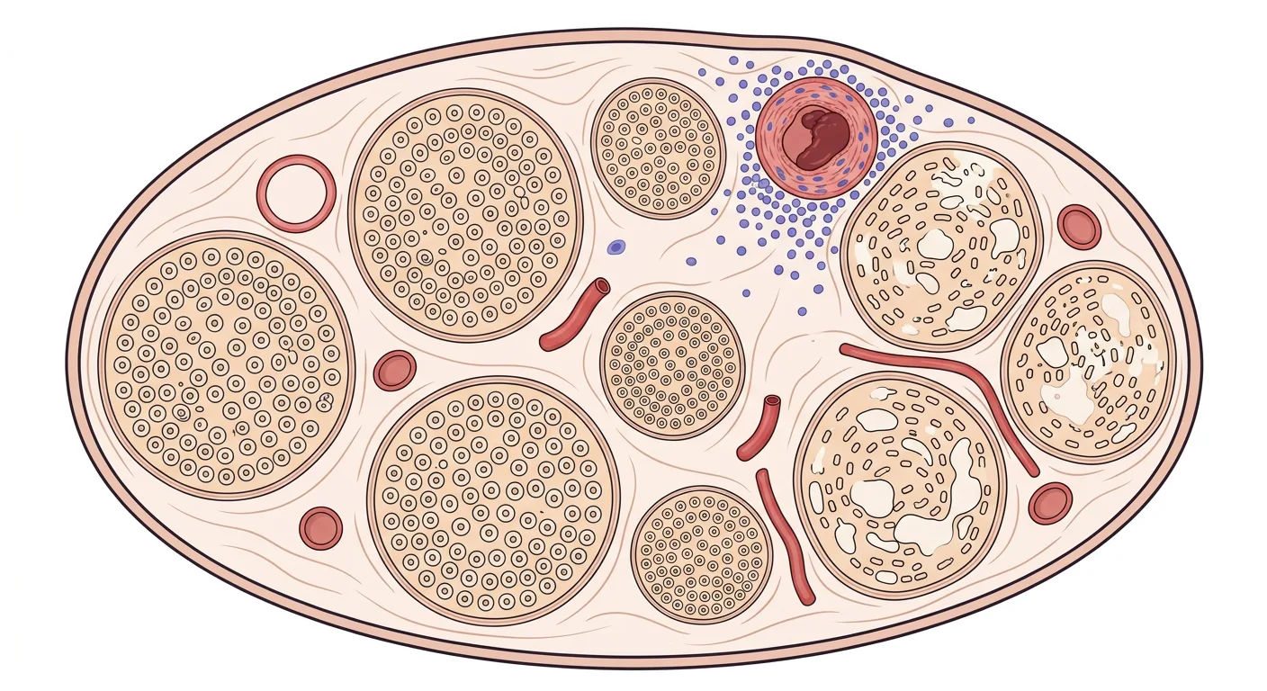 Querschnitt eines peripheren Nervs mit einer entzündeten, thrombosierten epineuralen Arterie und angrenzenden ischämisch geschädigten Nervenfaszikeln, während die Faszikel der Gegenseite gesund sind.