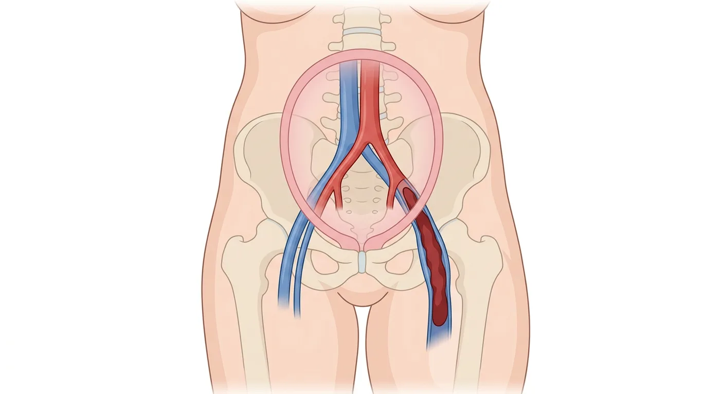 Schwangerer Uterus von vorn, der über der Vena cava inferior, der Aorta und den Beckengefäßen liegt, mit einem langen Thrombus in der linken V. iliaca externa und V. femoralis.