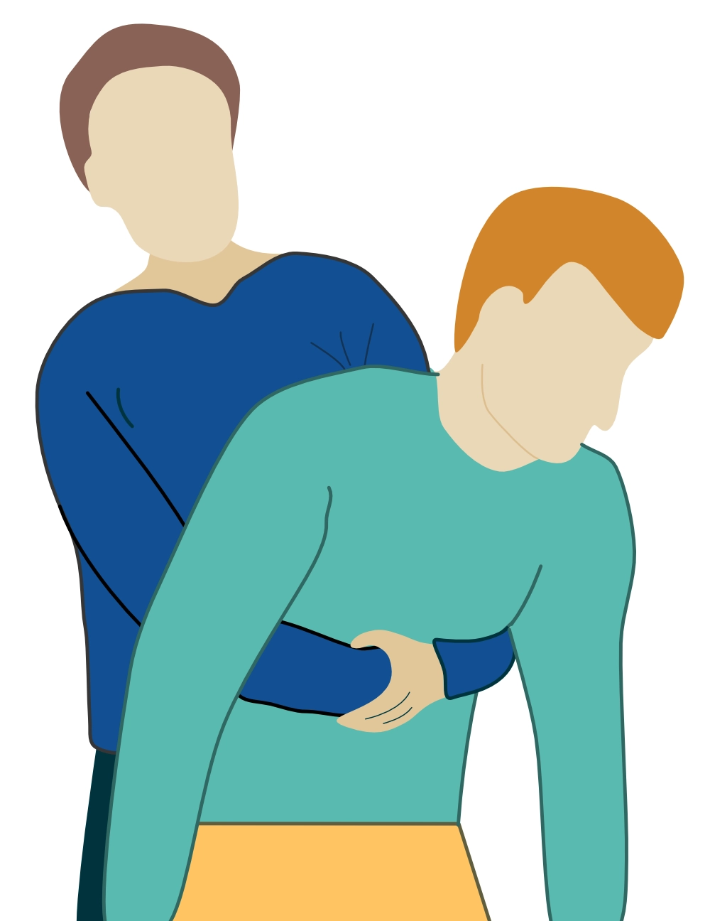 Heimlich-Handgriff: Der Helfer steht hinter dem Patienten und führt Oberbauchkompressionen mit verschränkten Händen durch