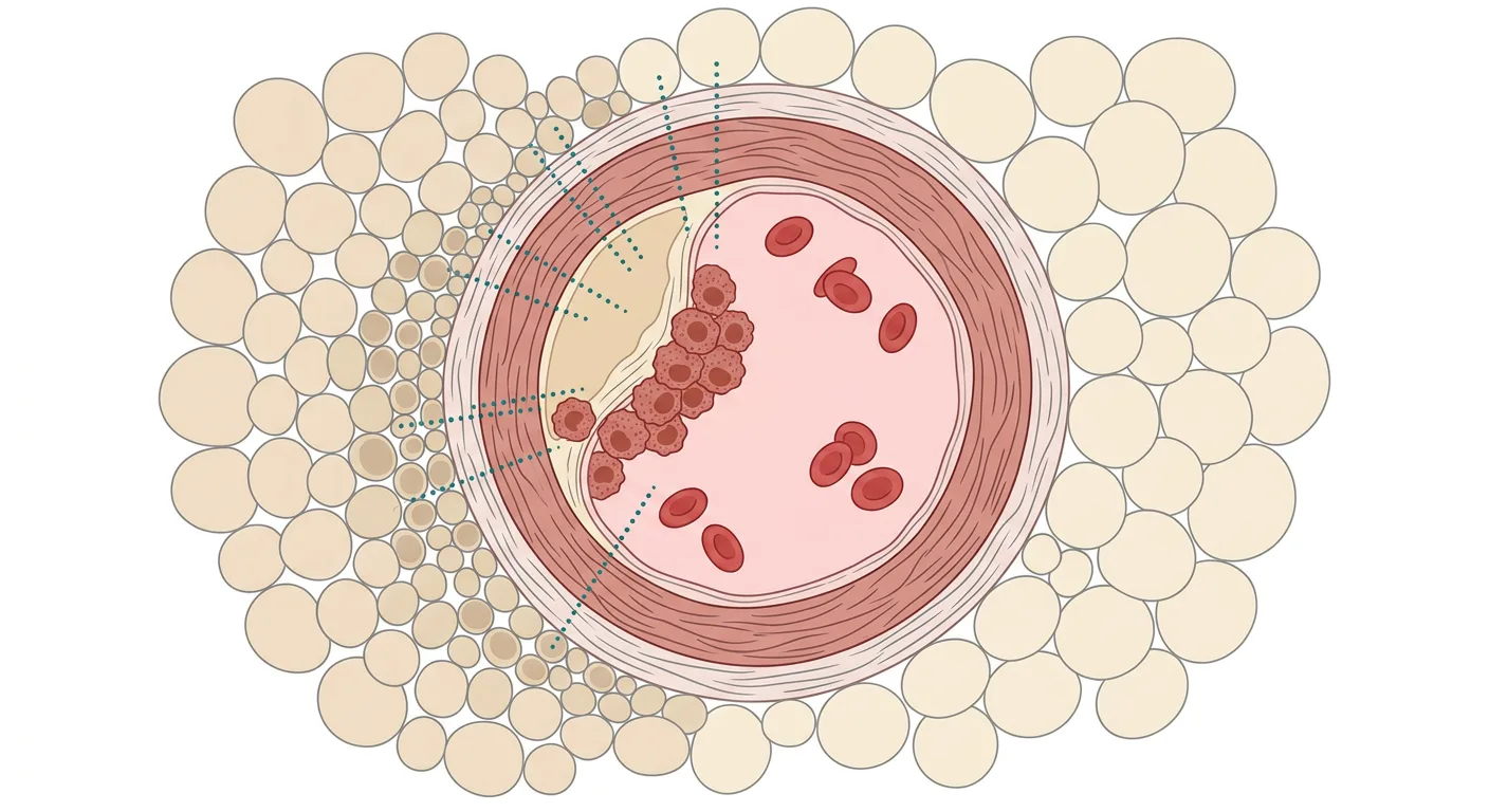 Illustration einer Koronararterie im Querschnitt mit einer entzündeten atherosklerotischen Plaque, umgeben von perivaskulärem Fettgewebe, in dem die Adipozyten neben der Gefäßwand kleiner sind als die weiter entfernten.