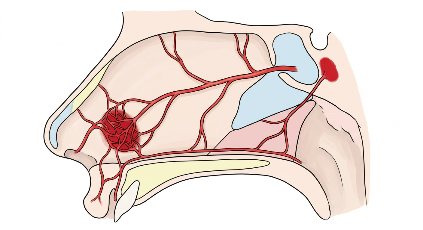Nasenseptum von der Seite mit fünf Arterien, die sich im vorderen unteren Abschnitt knapp hinter dem Nasenloch zu einem dichten Gefäßnetz vereinigen, und einem zweiten Gefäßgebiet weit hinten an der Choane