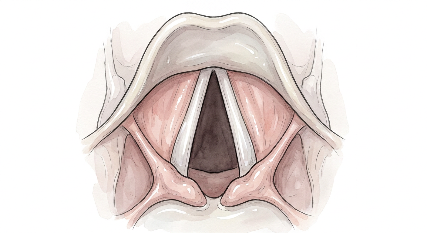 Laryngoskopische Sicht auf den Kehlkopfeingang mit der Epiglottis oben, den weißen Stimmbändern um die dreieckige Glottisöffnung und den Aryknorpeln unten
