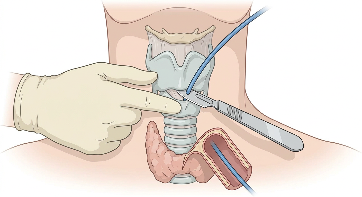 Halsvorderseite mit von einer Hand fixiertem Larynx, durch die Membrana cricothyroidea eingeführtem Skalpell und einem Bougie auf dem Weg in die Trachea