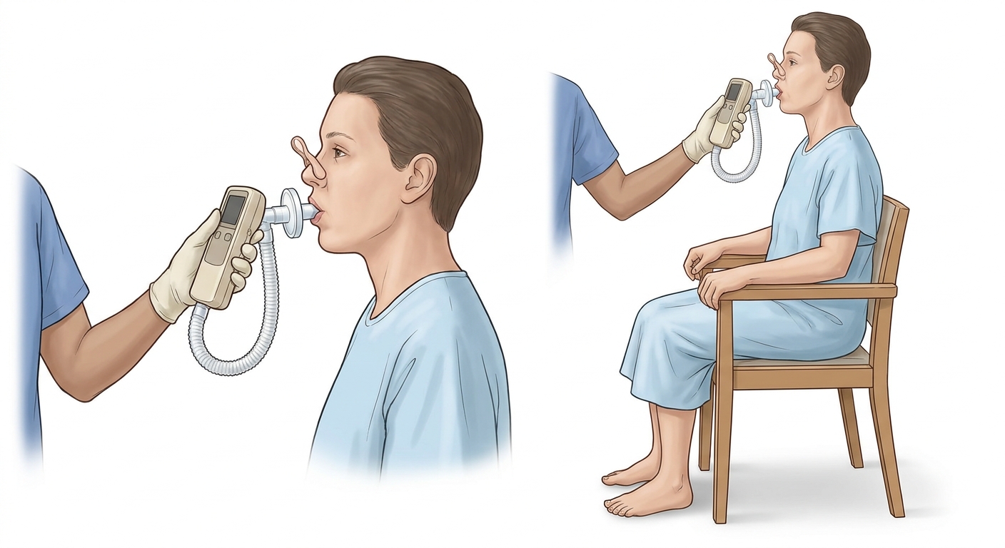 Patient aufrecht auf einem Stuhl sitzend mit Nasenklammer und um das Mundstück des Spirometers geschlossenen Lippen sowie eine Nahaufnahme des Mundstücks