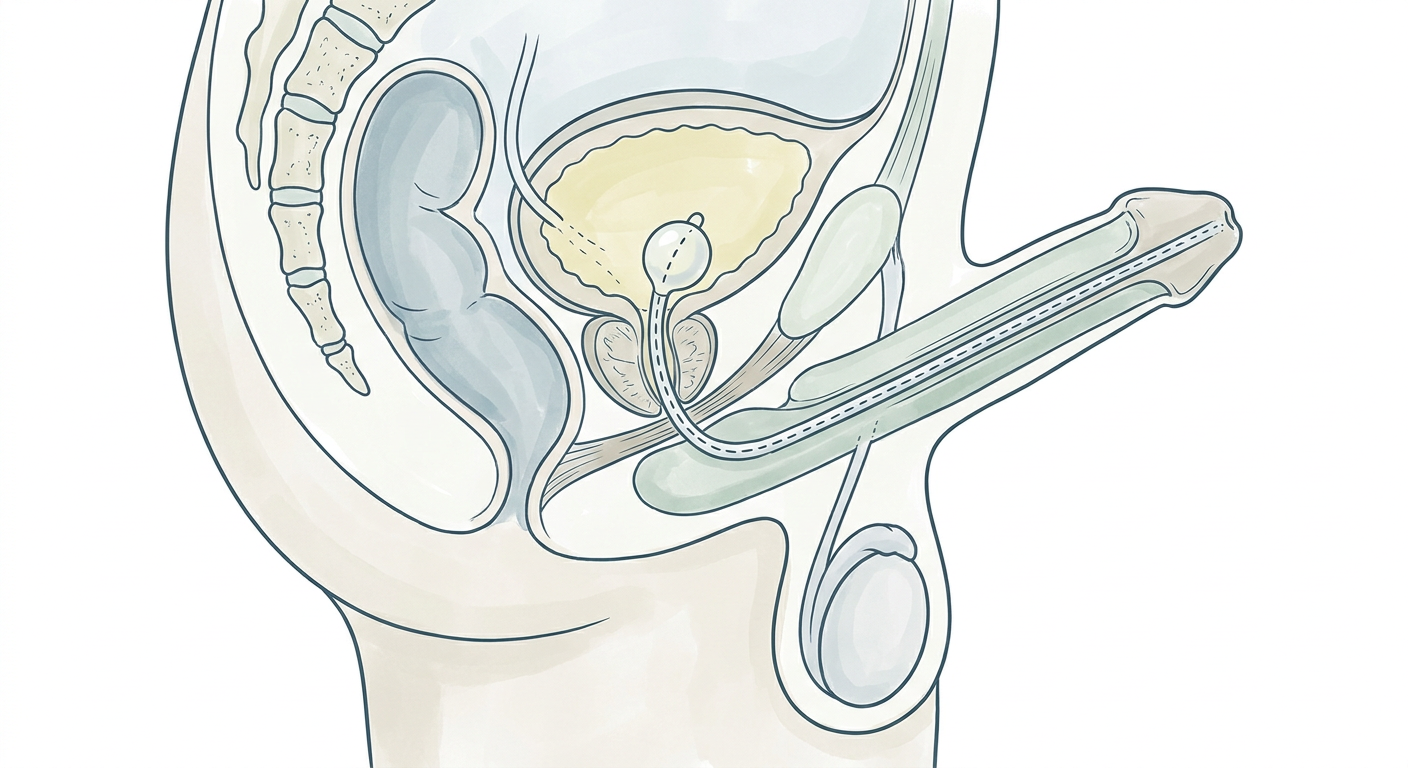 Sagittalschnitt durch das männliche Becken mit dem Weg des Katheters durch die Penisharnröhre, die bulbäre Harnröhre und die Prostata in die Harnblase